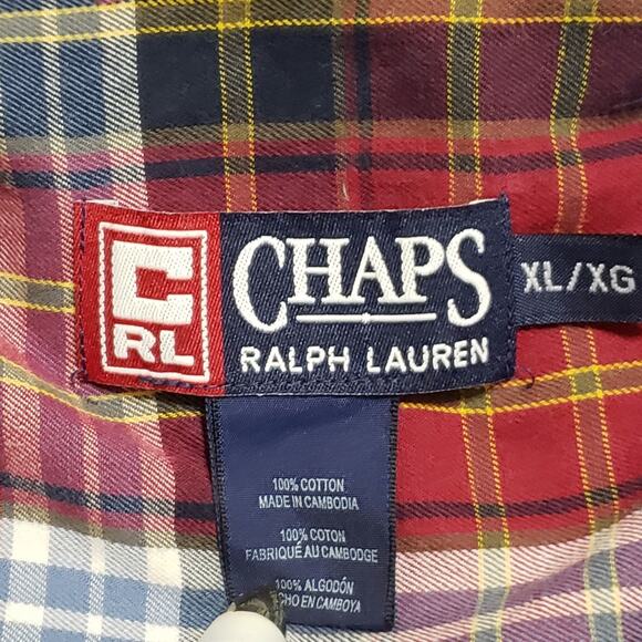 Chaps Ralph Lauren Madras Plaid Button Down Shirt XL Red Pocket Preppy Western - Picture 7 of 12